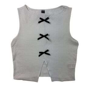 White Ribbed Sleeveless Bow-Front Tank Top Size L